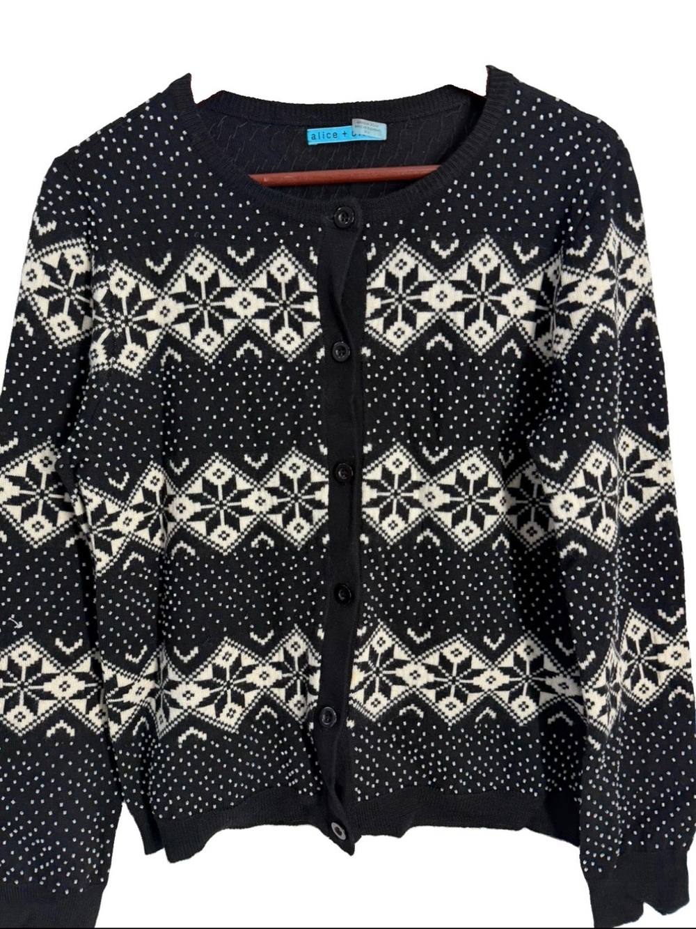ALICE + OLIVIA SNOW JACQUARD AND BEADS CARDIGAN WOOL KNIT TOP SWEATER SIZE L - Picture 10 of 16